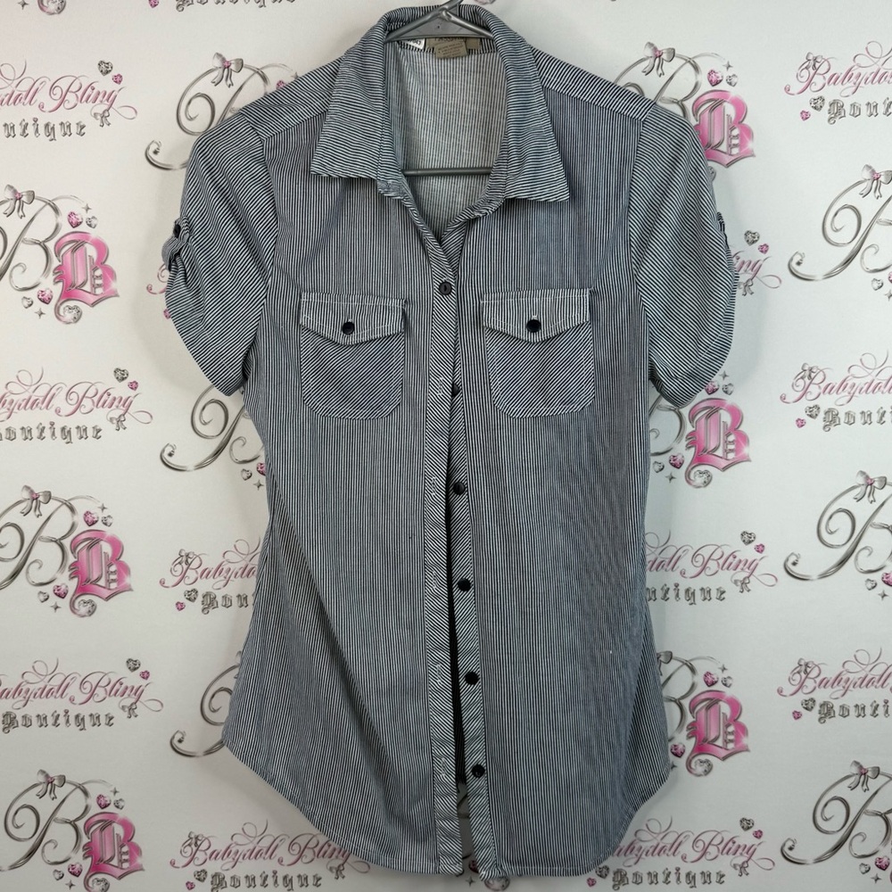 Passport t-shirt, cargoes, stripes, blue buttons, Navy and White Striped Shirt